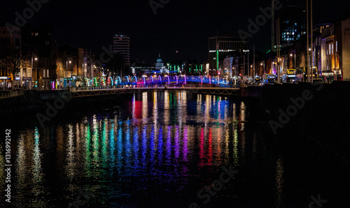 Photography Vibrant City Lights Reflecting on River Liffey in Dublin at Night