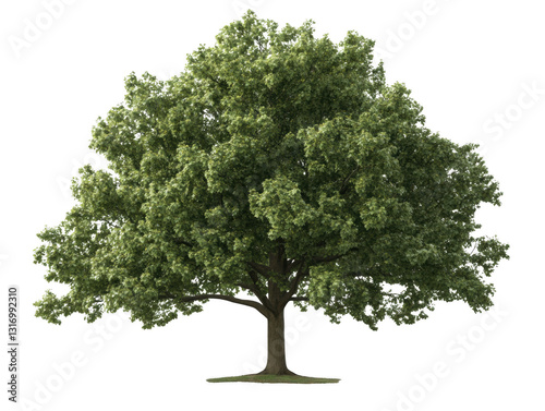 A large tree with green leaves is standing alone in a field. The tree is the main focus of the image, and it is a symbol of strength and resilience. The field surrounding the tree is empty
