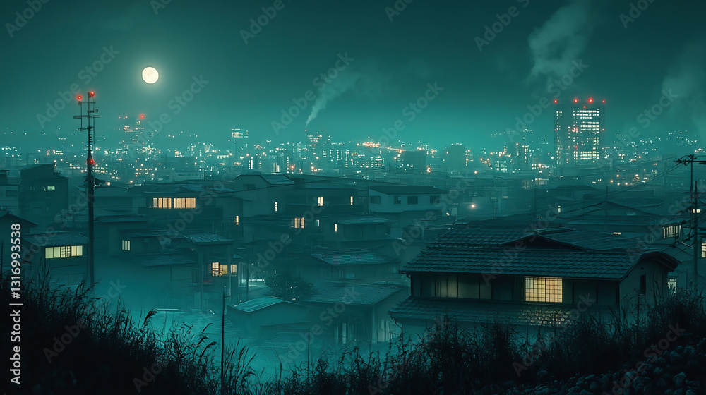 Fototapeta premium 月夜に浮かぶ住宅街