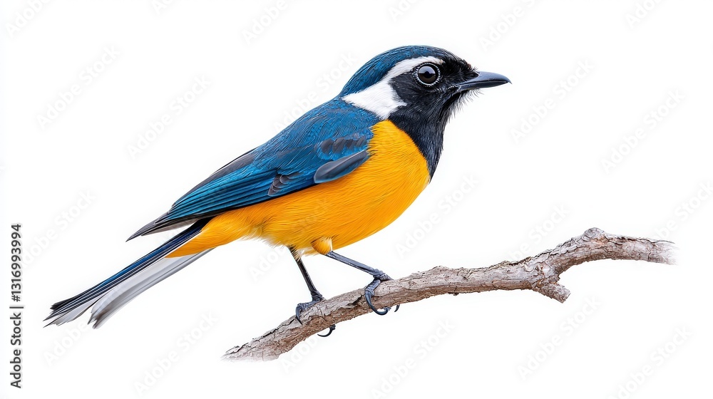 Vibrant tropical bird with striking plumage, posed in a natural stance, fully isolated on white