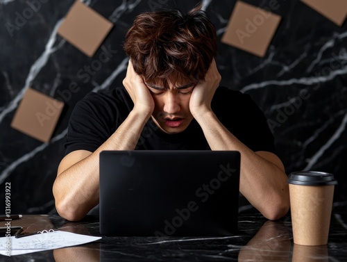 Frustrated Man at Laptop with Headache in Home Office Surrounded by Marble and Geometric Decor