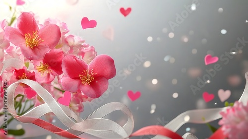 Flowers with heart ribbon on transparent background