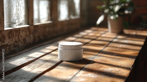 Cream Jar on Wooden Sill, Sunlight