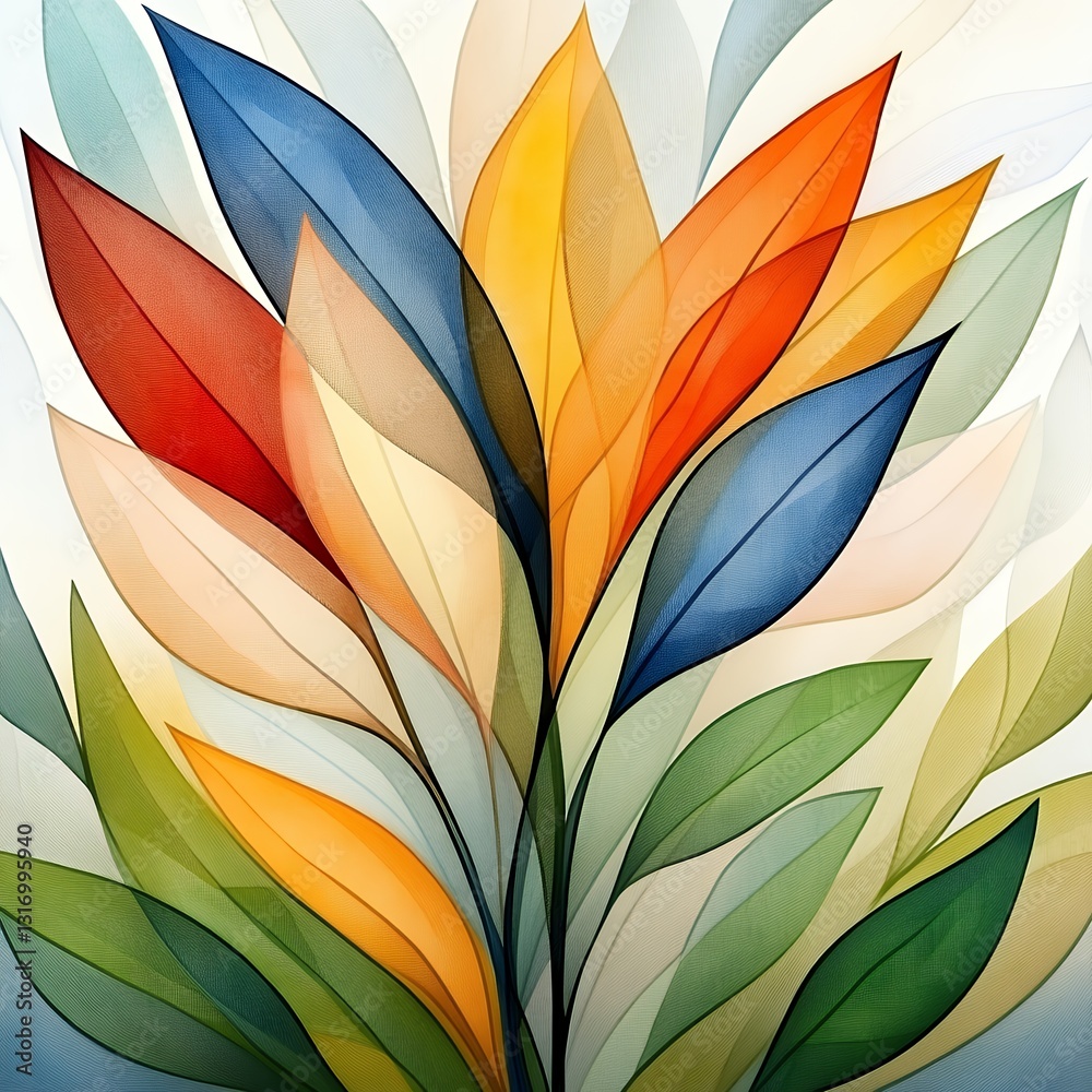 Abstract Floral Bouquet with Translucent Leaves in Red, Orange, Yellow, Blue, and Green Abstract Floral Bouquet with Translucent Leaves in Red, Orange, Yellow, Blue, and Green