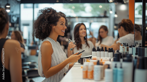 A joyful woman enjoying a day at the beauty salon with friends, surrounded by hair and skincare products, reflecting a lifestyle of beauty and self-care.