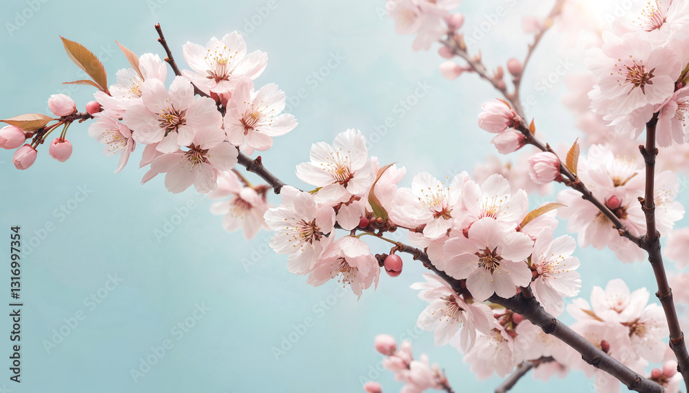Spring Blossoms: Soft Pink Cherry Blossoms Against a Pastel Blue Background Spring Blossoms: Soft Pink Cherry Blossoms Against a Pastel Blue Background