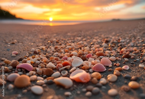 Shells on the Beach at Sunset. photo