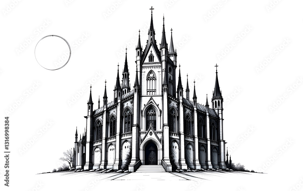Fototapeta premium Spooky Haunted Castle Drawing, Minimalist Art