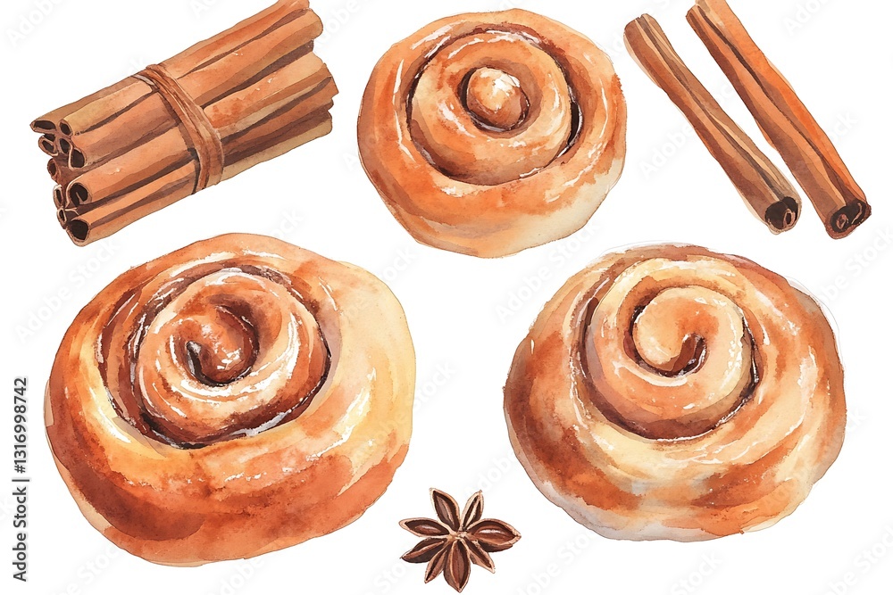 Fototapeta premium Watercolor style cinnamon buns in digital display 