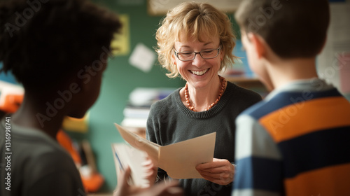 A joyful teacher engages with children in a vibrant classroom, encouraging interaction and fostering a supportive learning environment through dynamic discussion.