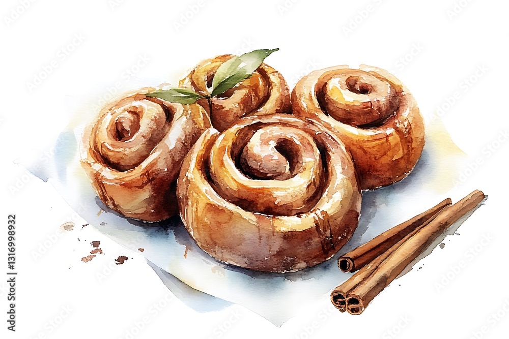 Fototapeta premium Cinnamon buns clipart with watercolor digital design 