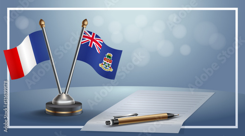 France and Cayman Islands National flags on small table with bokeh background, cooperative relationship. Template vector Illustration