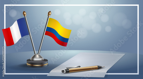 France and Colombia National flags on small table with bokeh background, cooperative relationship. Template vector Illustration
