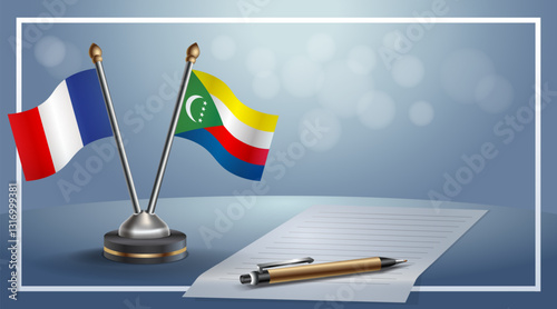 France and Comoros National flags on small table with bokeh background, cooperative relationship. Template vector Illustration