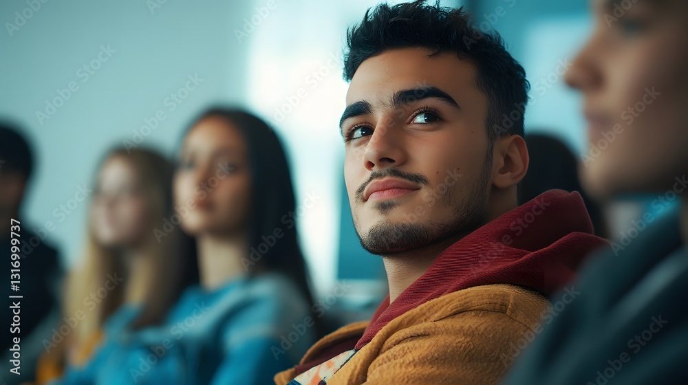 Obraz premium a diverse group of students listening to a guest speaker in a classroom setting engaged and attentive bright atmosphere learning experience