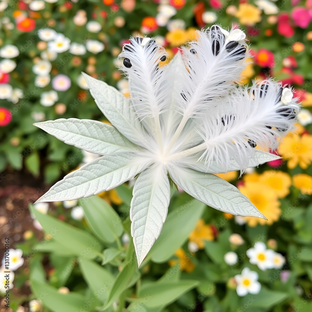 Obraz premium an unusual flower with silvery leaves and white fluffy inflorescences . Anaphalis margaritacea on a flower bed in the garden. Floral background.