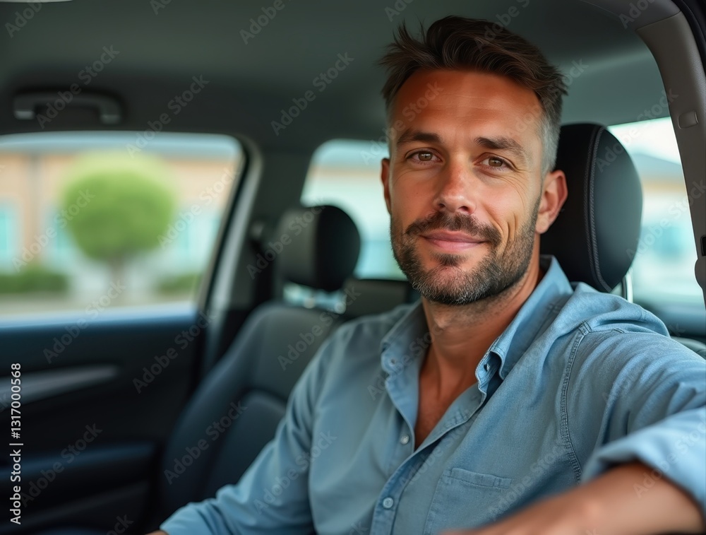 Salesman smiling sitting in new car showing confidence and success Salesman smiling sitting in new car showing confidence and success
