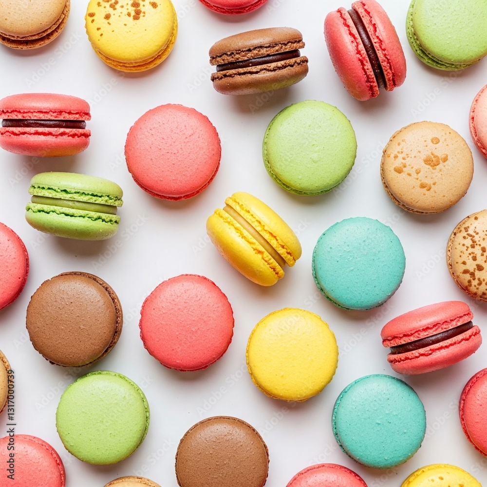 Obraz premium Sweet colorful macarons on white background. Delicious pastries, flat lay. Food background. Sweets. Bright French macarons on white background, top view. Assortment of colorful macarons