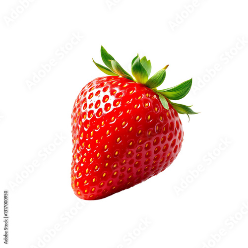 Fresh vibrant red strawberry with small yellow seeds and green leaf cap on white background, high-resolution food photography  