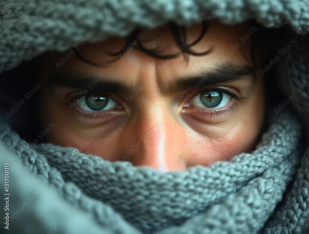 Man Hiding Face with Warm Knitted Scarf, Revealing Intense Eyes Man Hiding Face with Warm Knitted Scarf, Revealing Intense Eyes