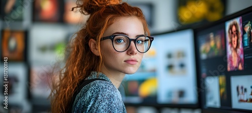 A graphic designer in front of a large monitor, reviewing colorful designs with space to add text