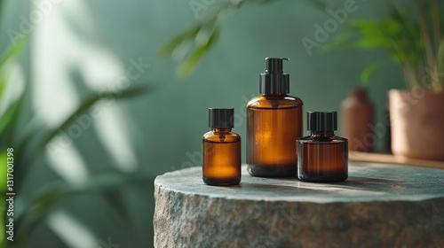 Spa Bottles on Stone Table, Plants Background