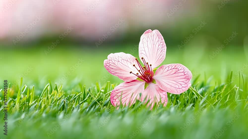 Soft pink petals drifting over blooming meadow, verdant grass creating delicate spring time landscape video 4k