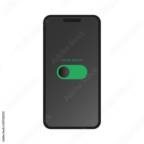 Smartphone screen highlights a dark mode feature with a green toggle switch engaged. Smartphone display showing dark mode toggle switch activated in a modern interface