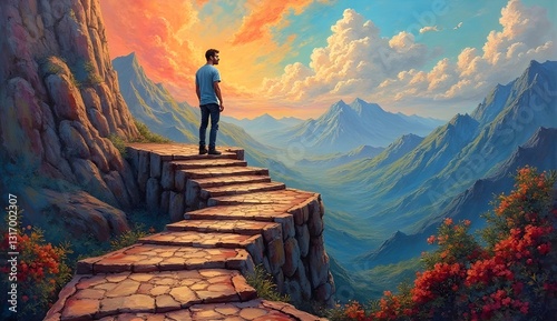 Man on stairs looks ahead 