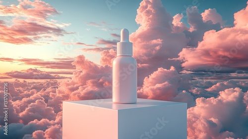 Skincare product display, clouds, sunset