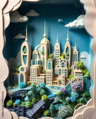 a miniature city model with papercraft style. The scene features skyscrapers, trees, and clouds