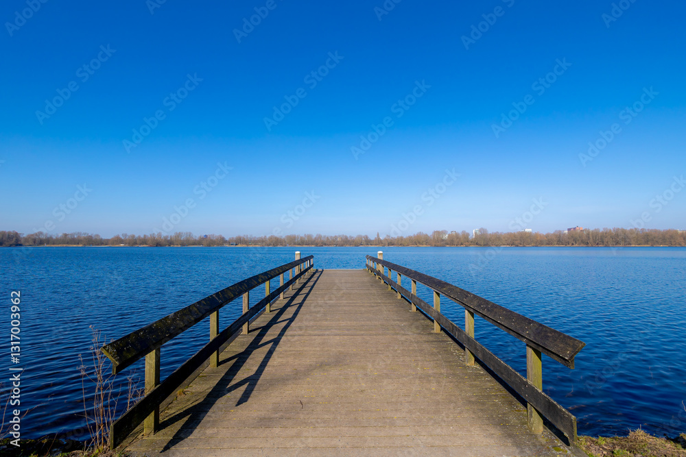 Fototapeta premium Late winter landscape, Wooden jetty (pier) extend into the Nieuwe meer (New lake) Beautiful sunny day with white fluffy cloud and blue sky background, Amsterdamse Bos (Forest) Amstelveen, Netherlands.