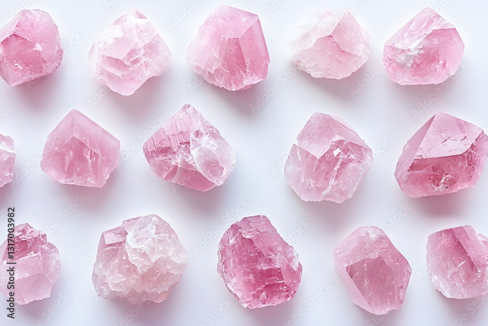 Beautiful pink crystals lie artfully arranged on a white surface, showcasing their unique shapes and hues under soft lighting