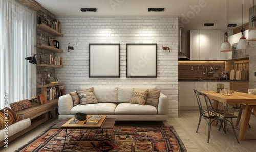 Modern studio apartment interior design with white brick wall, beige sofa, wooden table and rug.