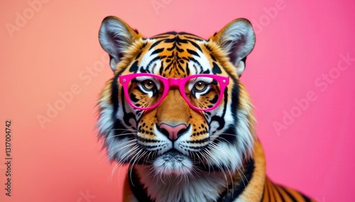 Tiger's portrait with pink glasses on a plain background, bright colors, pink glasses, cartoon