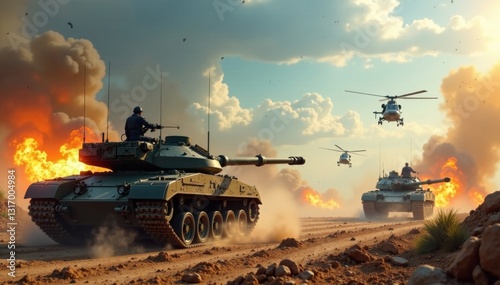 Armored tanks and choppers descending into war zone, warfare, destruction