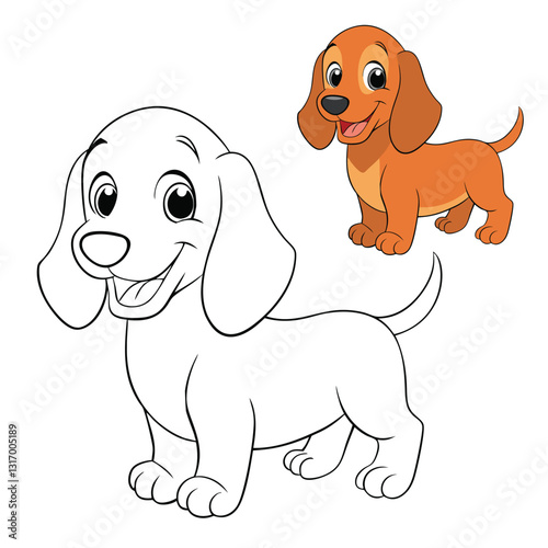 Cute smiling dachshund puppy dog coloring page! This adorable pup has big, happy eyes, floppy ears, and a wagging tail, ready for creative coloring fun!