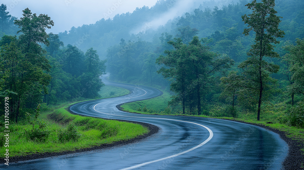 Fototapeta premium Winding highway through lush green mountains with an overcast sky in soft diffused lighting