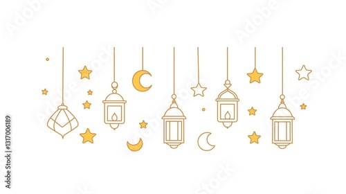 Ramadan themed illustration featuring hanging lanterns, stars, and moons. White background highlights festive decorations, perfect for holiday greetings and wallpaper.