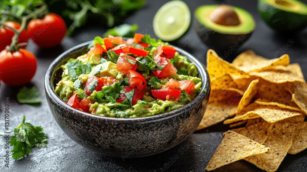 Fresh Guacamole with Toppings and Tortilla Chips on Dark Surface Fresh Guacamole with Toppings and Tortilla Chips on Dark Surface