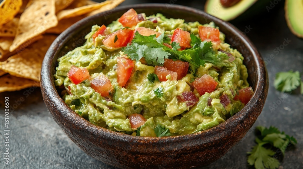 Fresh Guacamole in Bowl with Tortilla Chips Fresh Guacamole in Bowl with Tortilla Chips