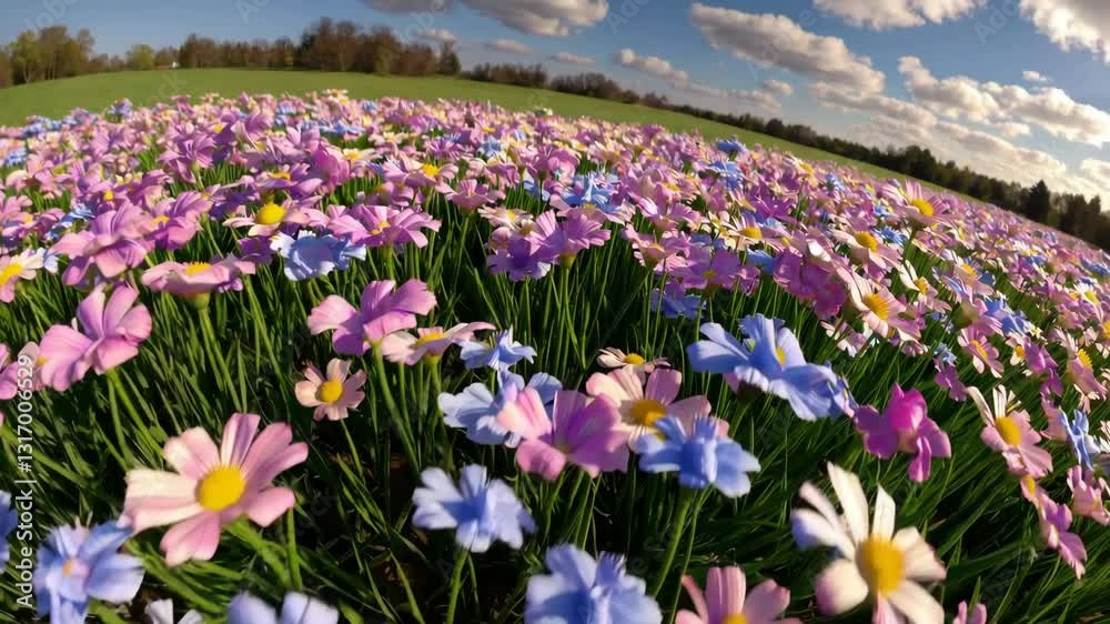 Wide field covered with pink, white and blue flowers gently swaying in the wind under a blue sky with some clouds Wide field covered with pink, white and blue flowers gently swaying in the wind under a blue sky with some clouds