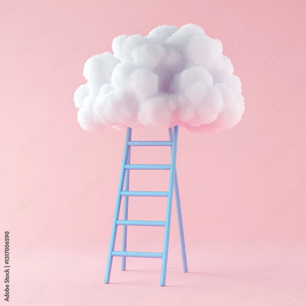 Fluffy cloud atop a pastel blue ladder against a pink background. A whimsical and aspirational concept Fluffy cloud atop a pastel blue ladder against a pink background. A whimsical and aspirational concept