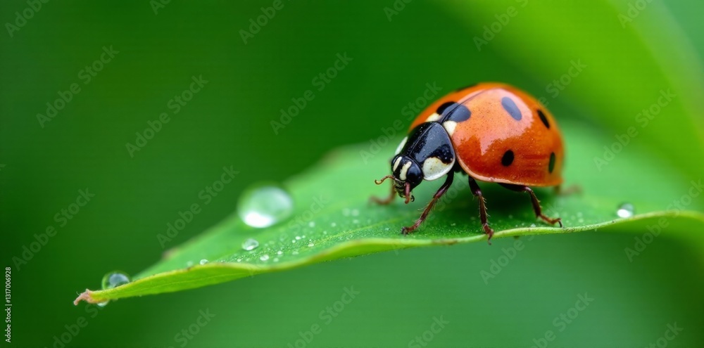 Ladybug perched on a green leaf with dew drops , close-up, macro Ladybug perched on a green leaf with dew drops , close-up, macro