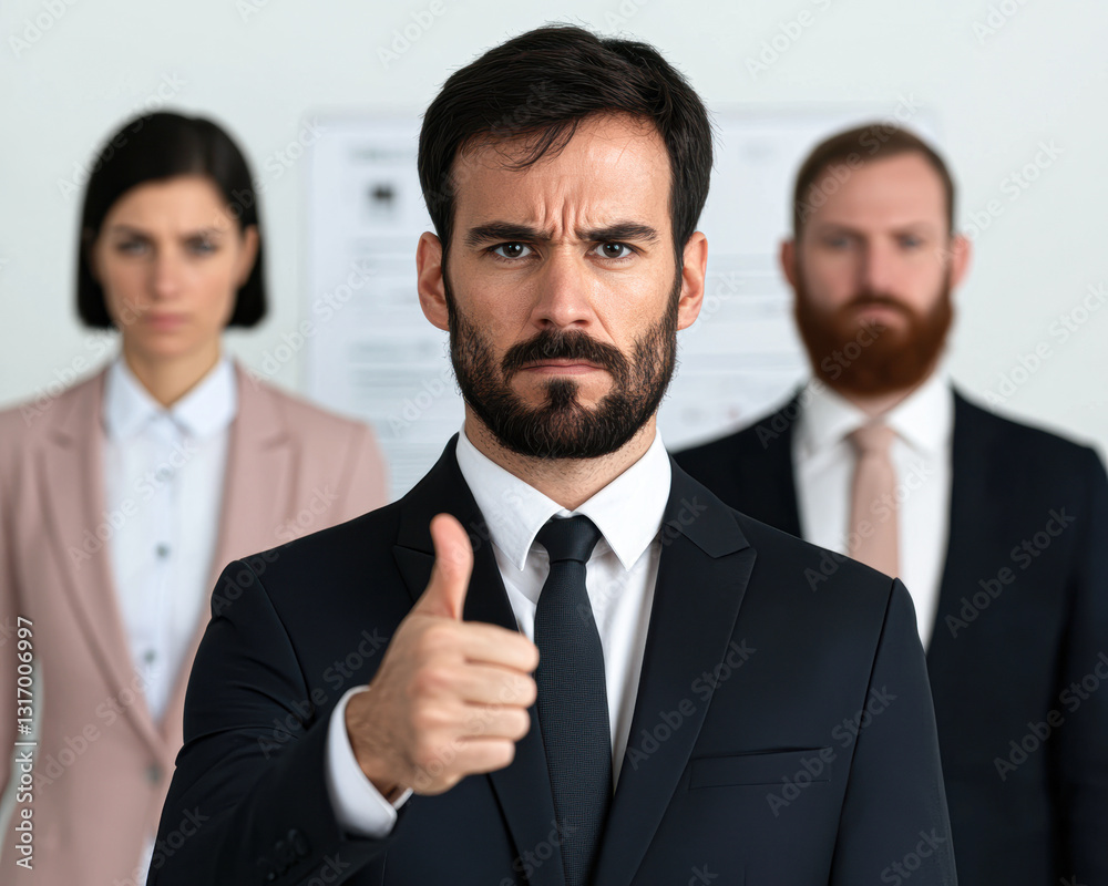 Confident professionals with thumbs up in business attire. Confident professionals with thumbs up in business attire.
