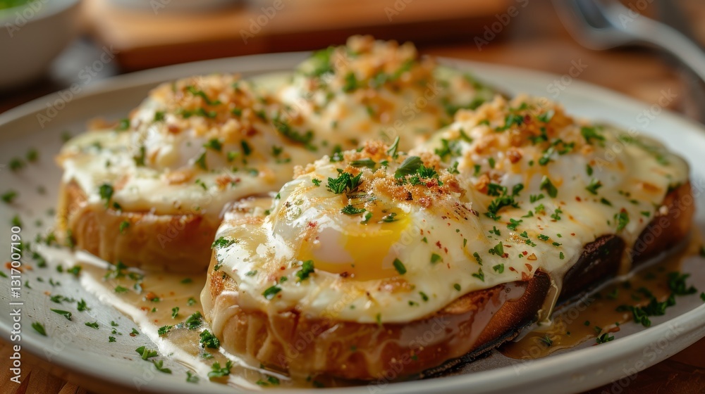 Deliciously Prepared Eggs on Toast Garnished with Crispy Toppings and Fresh Herbs Deliciously Prepared Eggs on Toast Garnished with Crispy Toppings and Fresh Herbs