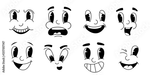 Set of 70s groovy comic faces. Collection vector elements of cartoon character faces