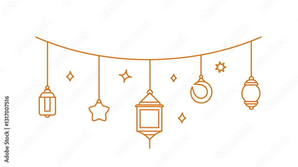 Ramadan Themed Line Art Hanging Decorations with Lanterns, Stars and Moon Ramadan Themed Line Art Hanging Decorations with Lanterns, Stars and Moon