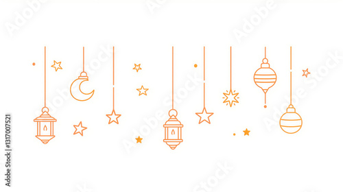 Ramadan Themed Line Art Decorations with Lanterns, Moon and Stars