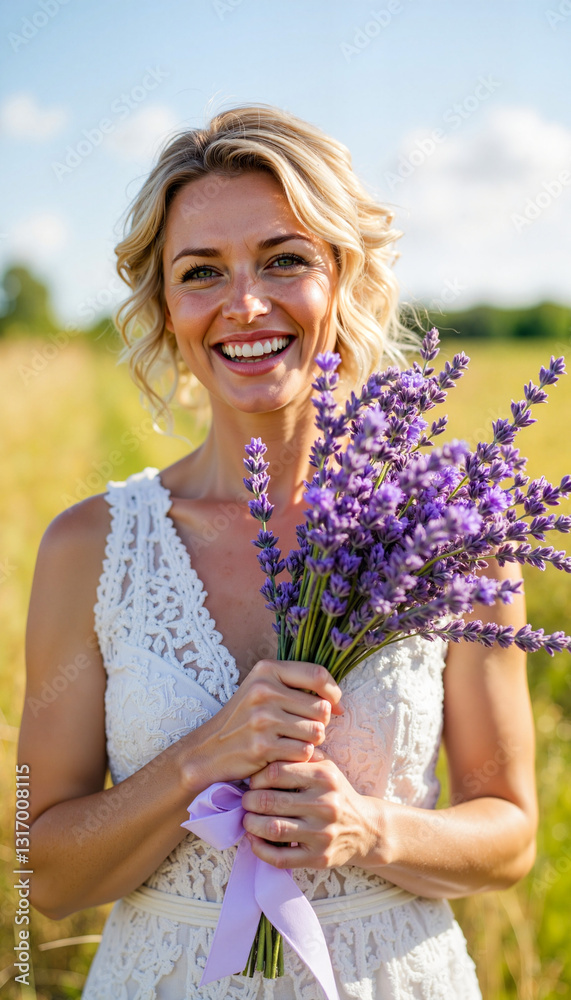 Bride holding a bouquet of lavender, feeling cheerful, in a sunny field Bride holding a bouquet of lavender, feeling cheerful, in a sunny field